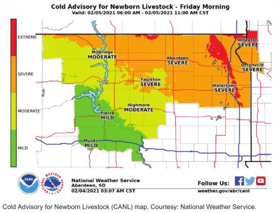 Cold Advisory for Newborn Livestock (CANL) map. Courtesy: National Weather Service.