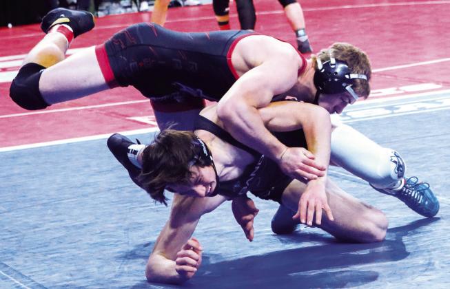 170# Rory McManus takes down Burk Blasius (Philip Area) during the State Class ‘B’ wrestling tournament on Thursday, February 23. Blasius defeated McManus by fall (1:27). PHOTO: CONNIE PENNY/LCH