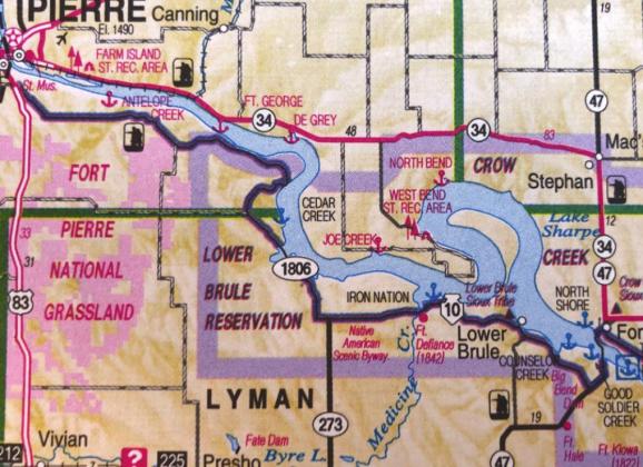 The Lower Brule Indian Reservation, outlined in purple, is located in a scenic but remote region of central South Dakota, with the main city of Lower Brule located about 60 miles southeast of Pierre. Photo: Bart Pfankuch, South Dakota News Watch