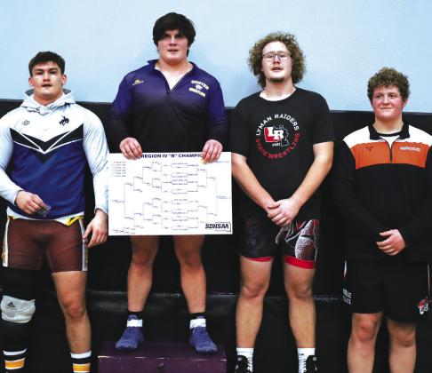 Senior Louie Thiry - 285# (center, right) placed second at SDHSAA Region 4B Tournament on Saturday against Zayne Severyn (Custer) (center) by fall. Thiry will wrestle at State B Wrestling Tournament on Thursday, February 22-24 in Sioux Falls. Other place winners at 285# were Riley Kerner (Mobridge-Pollock, right) coming in at fourth; and taking home third place was Emmitt Maher (Lemmon/McIntosh) (left).