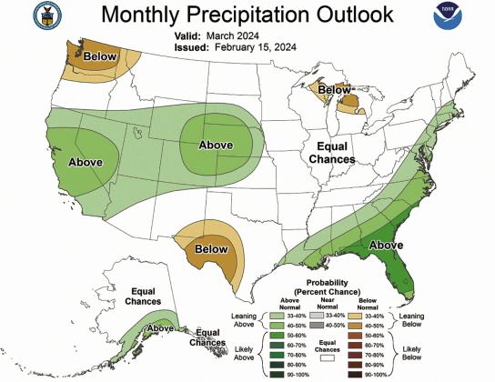 March 2024 precipitation outlook, released 15 February 2024. Green shaded areas indicate chances are increased for wetter than average conditions in March. Source: Climate Prediction Center.