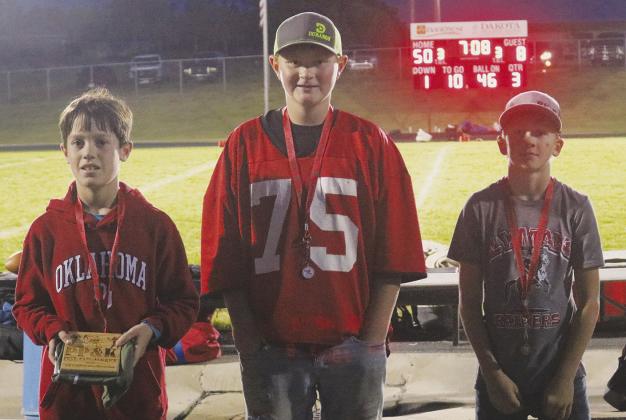 Winners in the fourth and fifth grade division in the Punt, Pass &amp; Kick event were l-r: Jaxon Stanley (first) 197’5”, Maverick Johnson (second) 187’11”, Owen Eriksen (third) 186’11”, not pictured Carter Coleman (fourth) 156’1”. Photo by Connie Penny/LCH