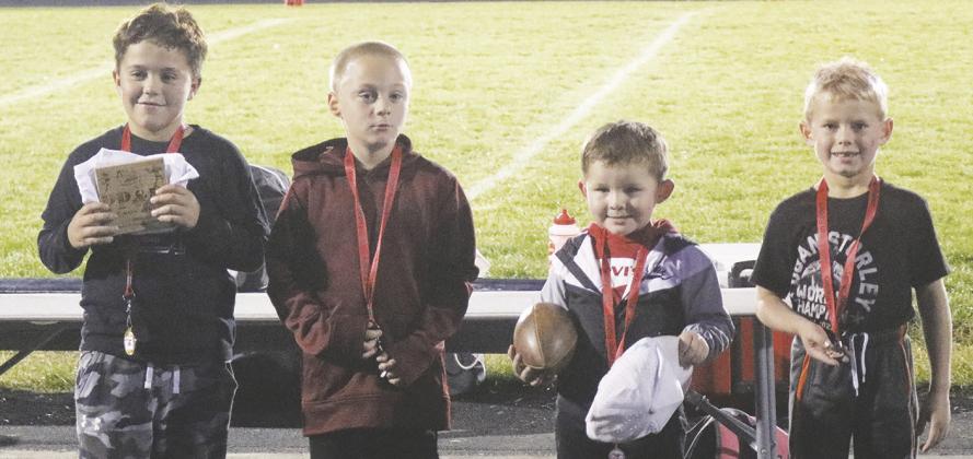 Winners in the first grade and under division in the Punt, Pass &amp; Kick event were l-r: Hooper Sazue (first) 141’, Layton Johnson (second) 85’, Titan Gourneau (third) 78’5” and Sam Petersek (fourth) 60’5”. Photo by Connie Penny/LCH