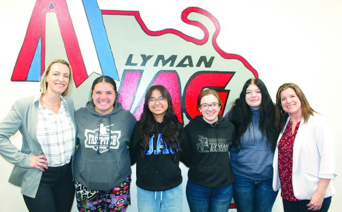 Left-right: JAG National Vice President and COO Janelle Duray, Addy Moran, State President Melina Shields, Representative Sophia Langenbau, Katelynn Sulivan, and Beth Schneider, JAG-SD Director, tour the school during Duray’s visit with Lyman’s JAG Students.