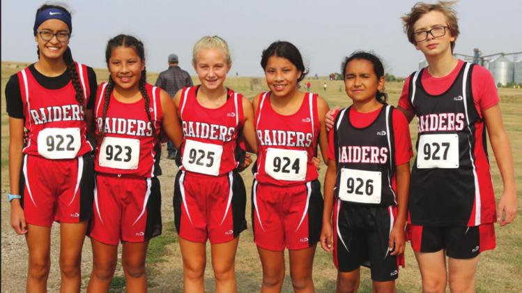 Competing at the Cross Country Meet at the Medicine Creek Golf Course for Middle School were l-r: Nyannah Jones, Inez Wingert, Ella Ehlers, taleyna Wingert, Aiden GrassRope and Memphis Choal. Photo by Connie Penny/LCH