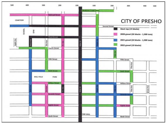Updated map of graveled streets The map of the streets that have been graveled are in pink and blue; the green is for the blocks that will be graveled in 2022; and the black marks the paved streets.