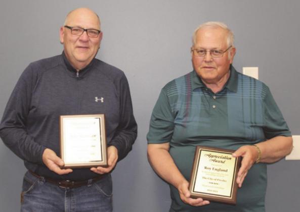 Mayor Mike Sprenger and Councilman Roy England retired from their duties on the Presho City Council after a combined service of 43 years. Photo by Melissa Slaba/LCH