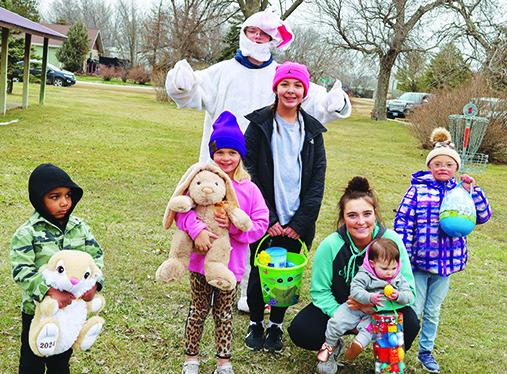 Winning the prize tickets at Presho Area Chamber’s Annual Easter Egg on Saturday in the Presho City Park were l-r: Daxton Headley-Gilmore, Quincey Brodrecht, Maylee DeJong, Lakynn &amp; Briley Oldenkamp and Violet Smith. This year’s Easter Rabbit was Memphis Choal (back).